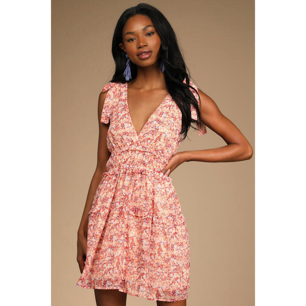 Lulus Afternoon Angel Orange Multi Floral Print Ruffled Mini Dress - Size S